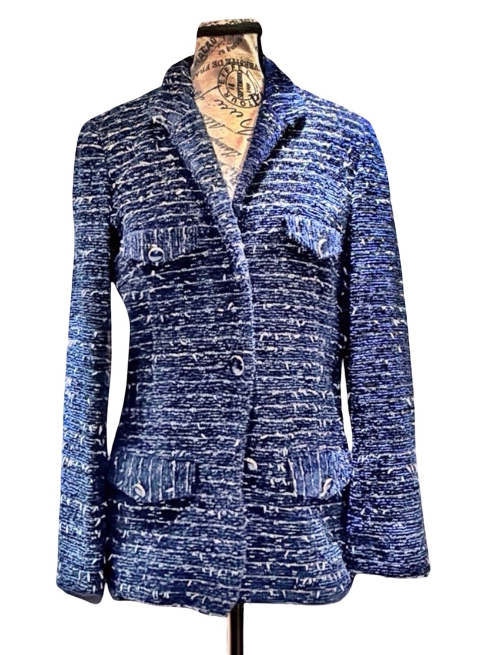 Zenobia Blue Tweed Suit | Chanel-Inspired Textured Blazer & Skirt | Like-New | 8